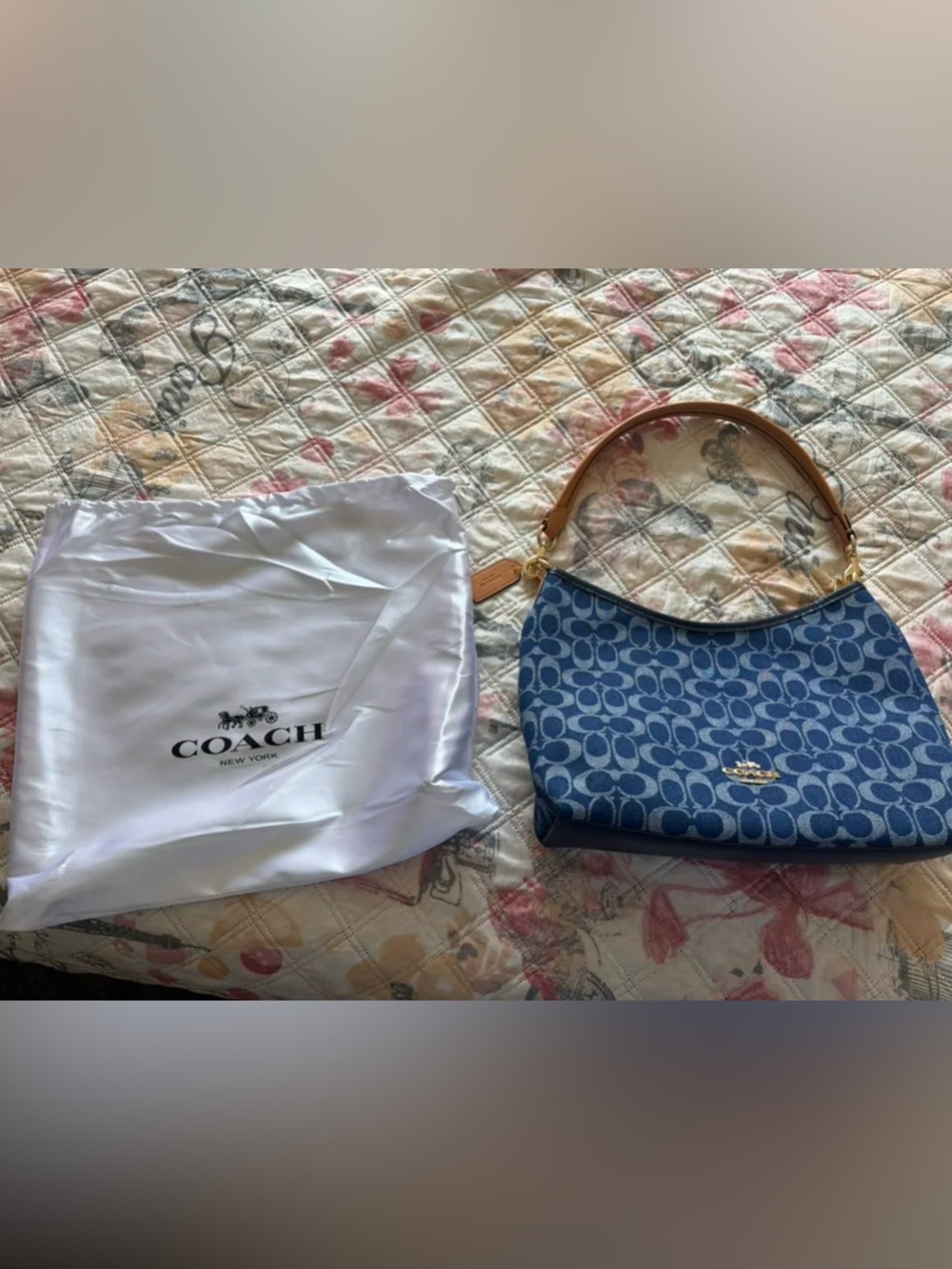Coach Blue Signature Shoulder Bag with Tan Leather Handle